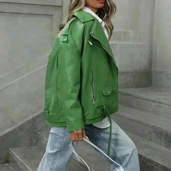 Green Casual Women's Stylish Woven Fabric Biker Jacket - Picture 5 of 7